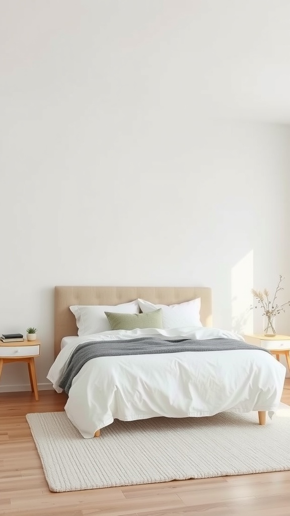 Neutral bedroom featuring a minimalist design with a bed, nightstands, and a textured rug.
