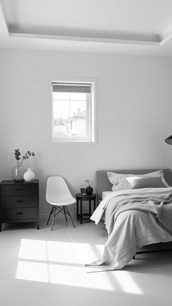 A monochrome bedroom featuring minimalist decor elements, including a bed, nightstand, and plant.