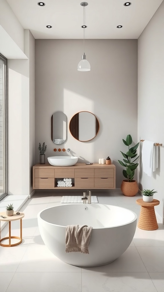 A modern minimalist bathroom featuring a round bathtub, wooden vanity, and potted plants.