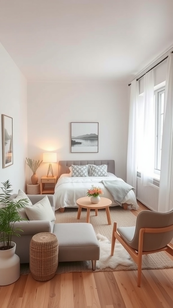 A minimalist tiny living room featuring a light color palette, simple furniture, and natural textures.