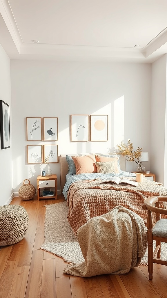 A minimalist bedroom with soft colors, cozy bedding, and personal decor elements.