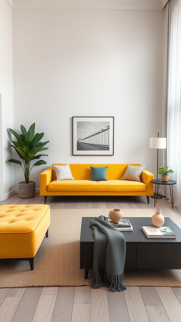 A minimalist living room featuring a yellow couch, black coffee table, and potted plant.