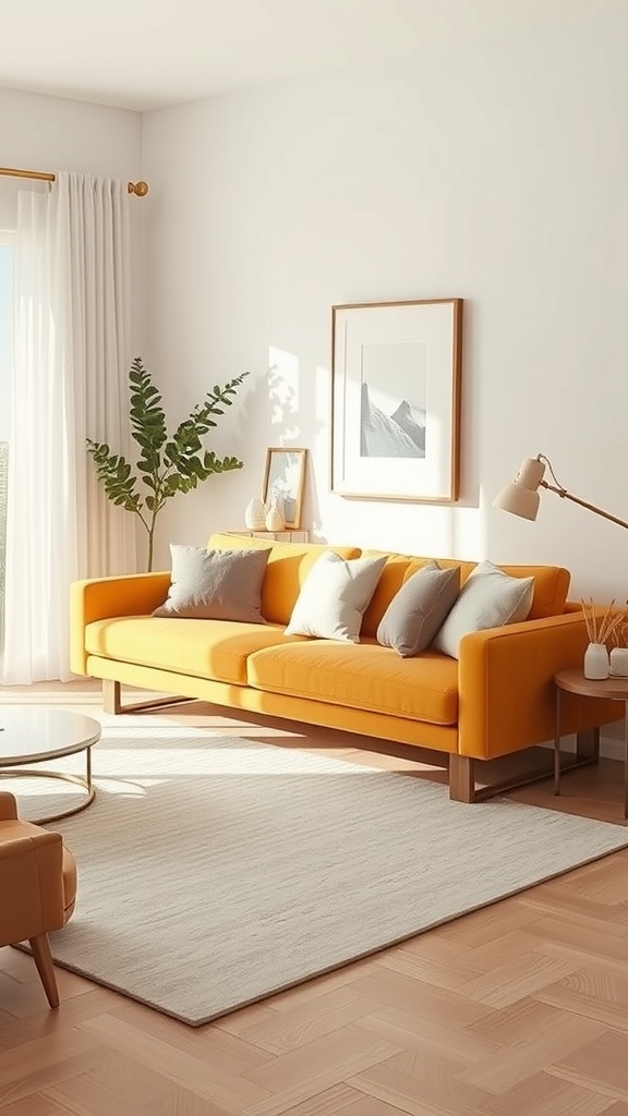 A minimalist living room featuring a mustard sofa, light walls, and natural light.