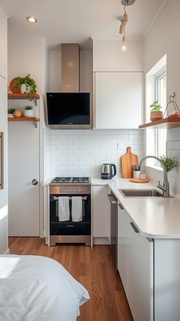 A minimalist tiny kitchen featuring white cabinetry, modern appliances, and open shelving with plants.