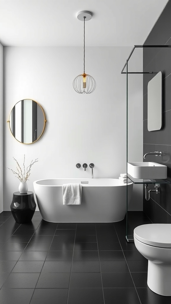 A modern bathroom featuring a black tile floor, white fixtures, and minimalist design elements.
