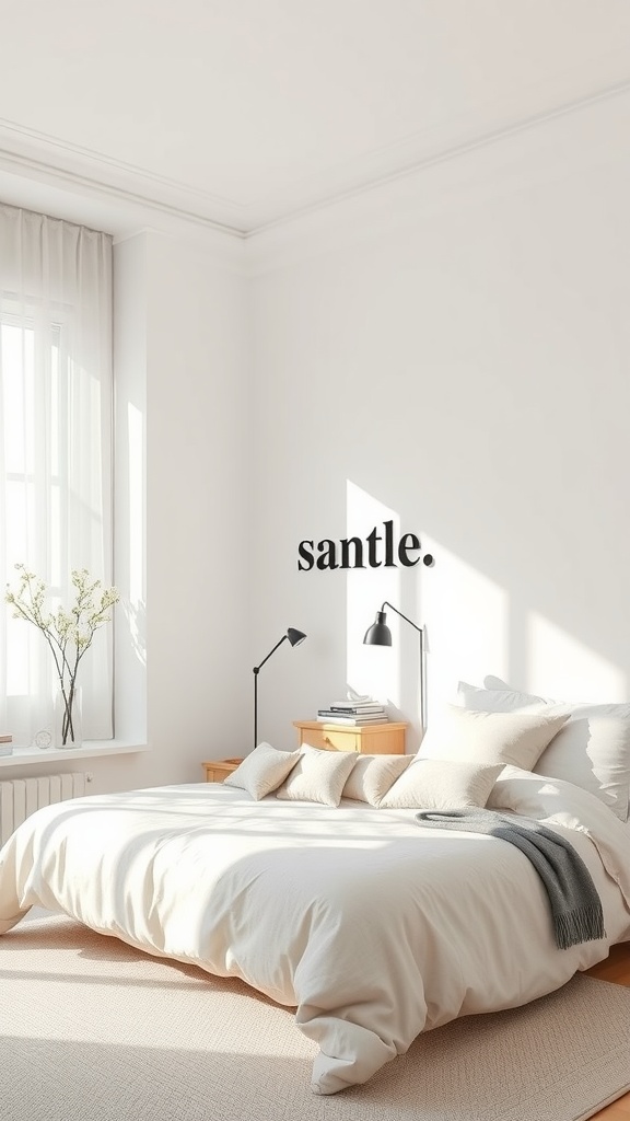 A minimalist bedroom with white walls, a comfy bed, and modern lamps.