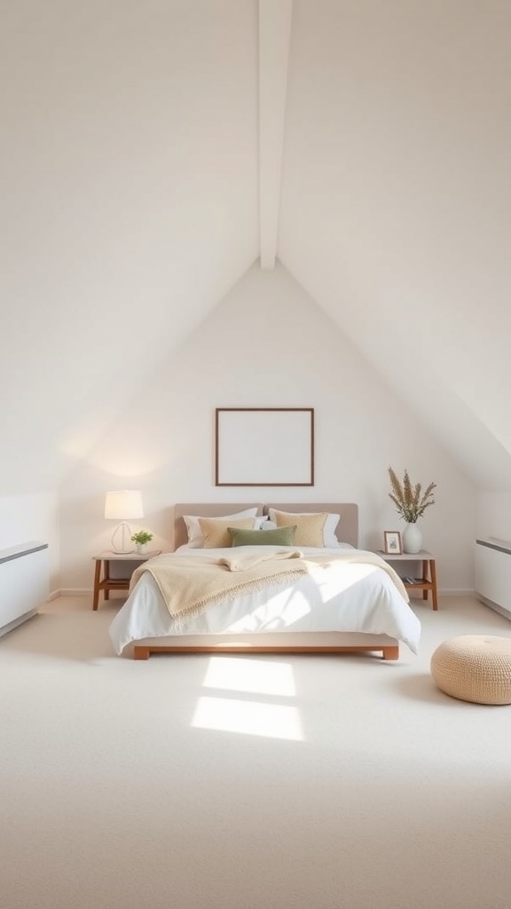 Minimalist attic bedroom with angled ceilings, featuring a simple bed, natural light, and neutral decor.