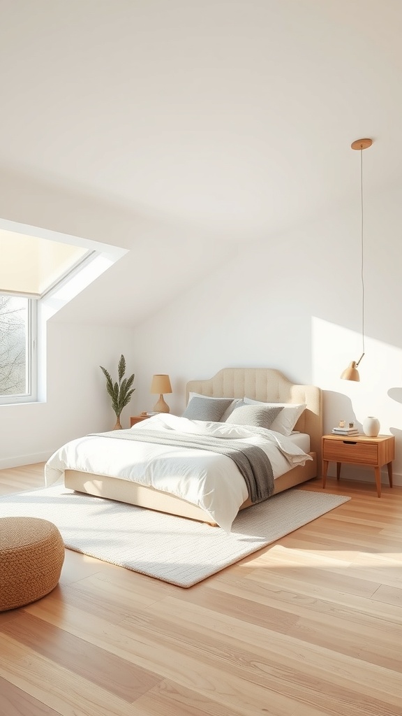 A minimalist bedroom with a sloped ceiling, featuring a cozy bed, natural wood flooring, and soft lighting.