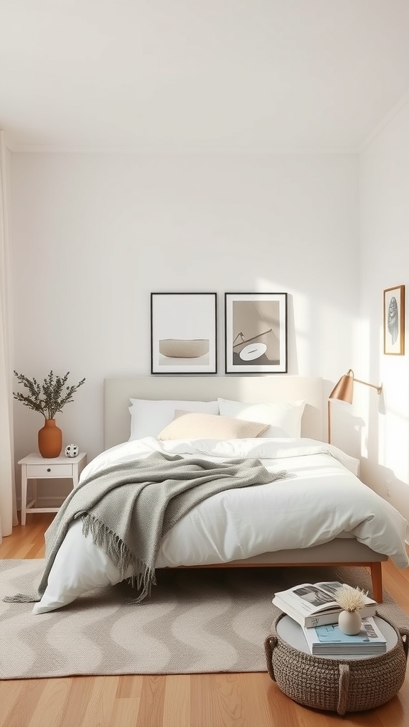 A minimalist small bedroom featuring a bed with white bedding, a light wood frame, and simple decor.