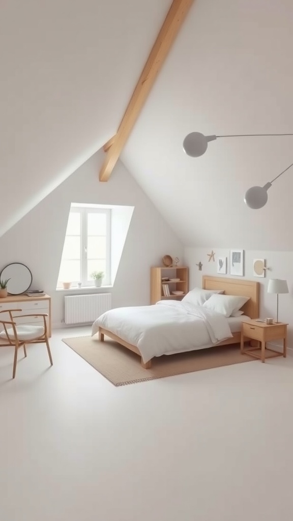 Minimalist attic bedroom with neutral tones and wooden accents