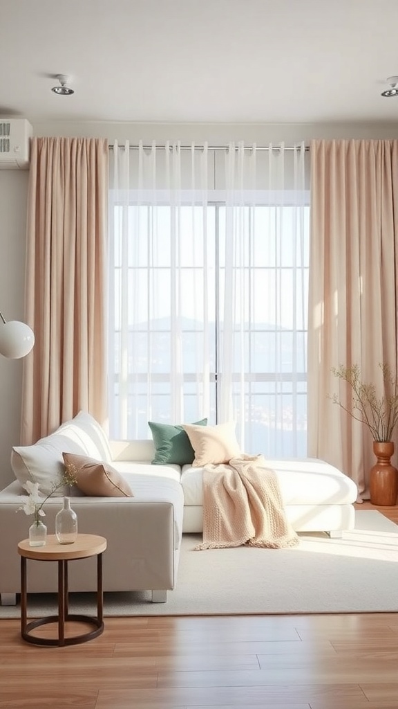 A minimalist living room featuring soft peach curtains, a white sofa, and neutral decor.