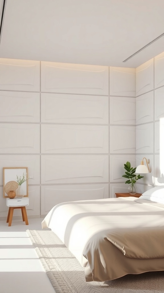 A minimalist bedroom featuring 3D wall panels, soft bedding, and natural light.