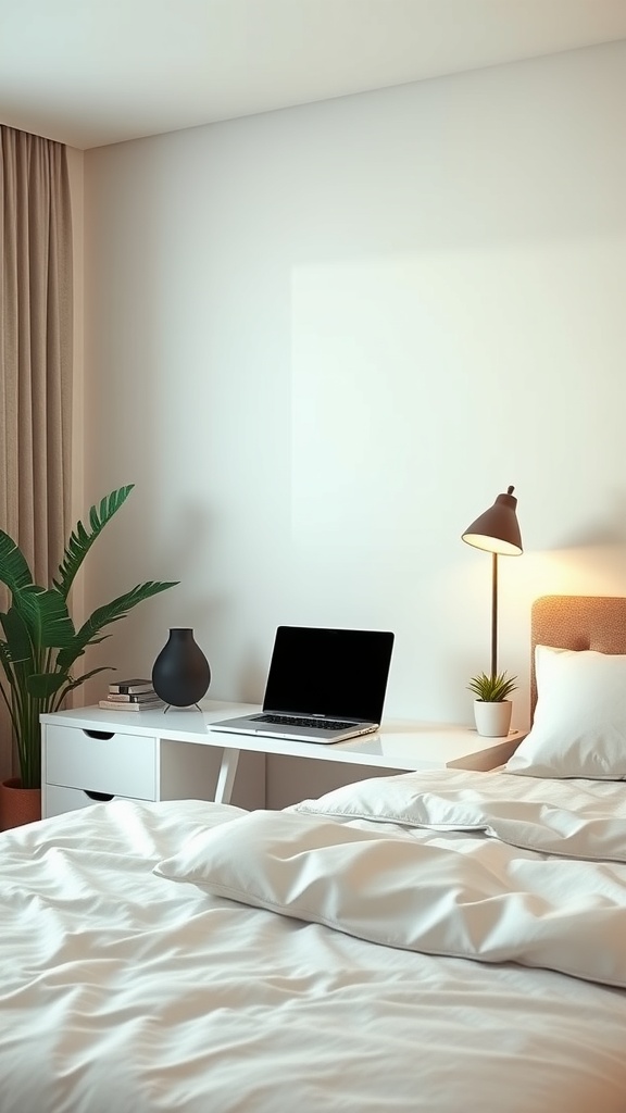 A minimalist desk setup in a bedroom featuring a laptop, lamp, and plant.