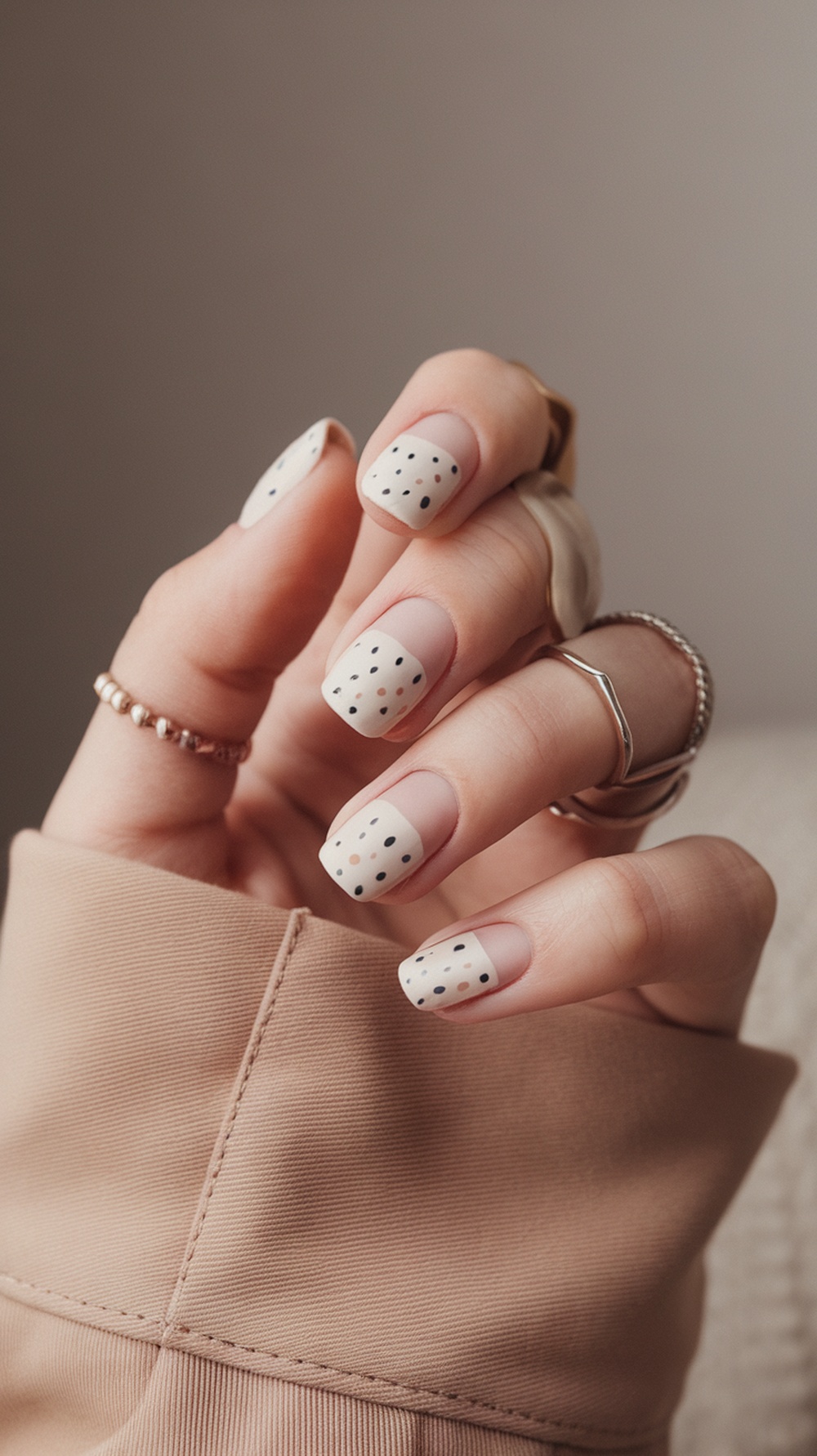A hand with minimalist dot pattern nail design featuring a neutral base and black dots.