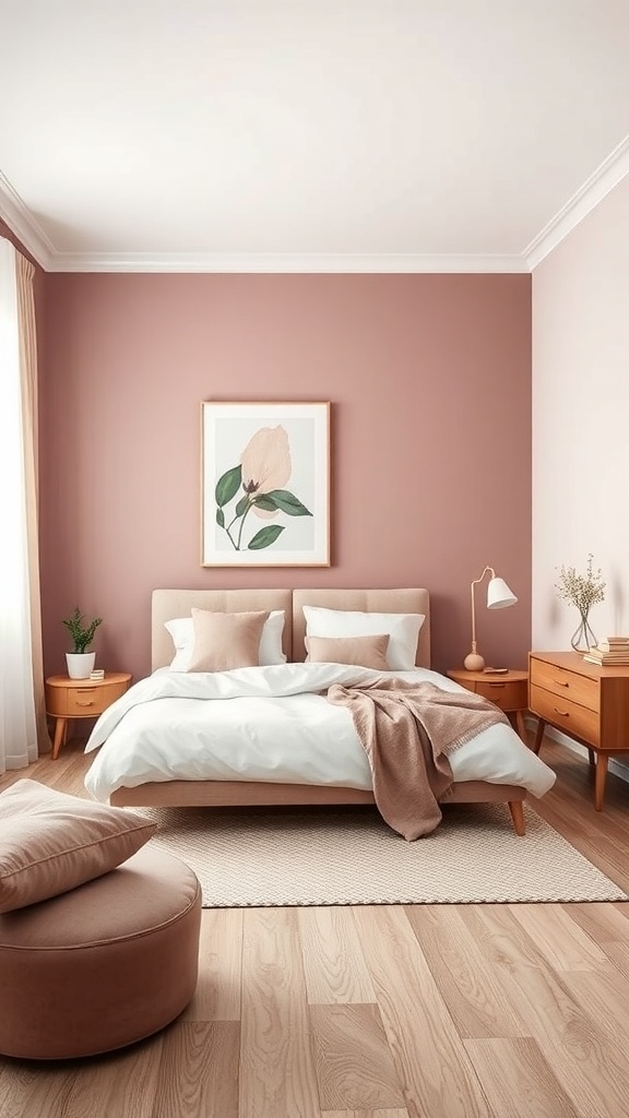A minimalist bedroom with dusty rose walls, a wooden bed, and soft bedding.