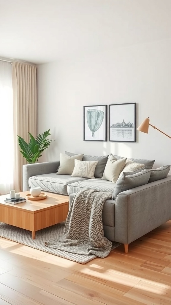 A minimalist living room featuring a grey couch, wooden coffee table, and decorative pillows.