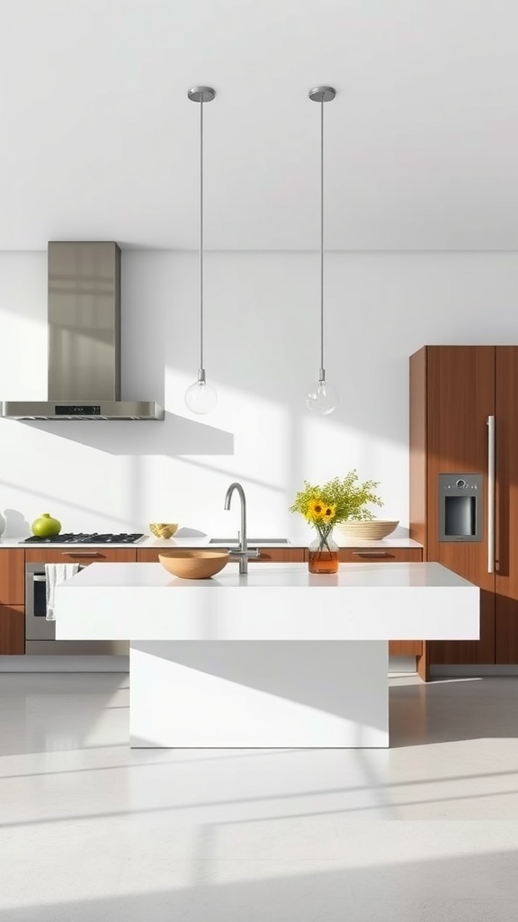 A minimalist kitchen featuring a floating white island, surrounded by wooden cabinets and soft lighting.