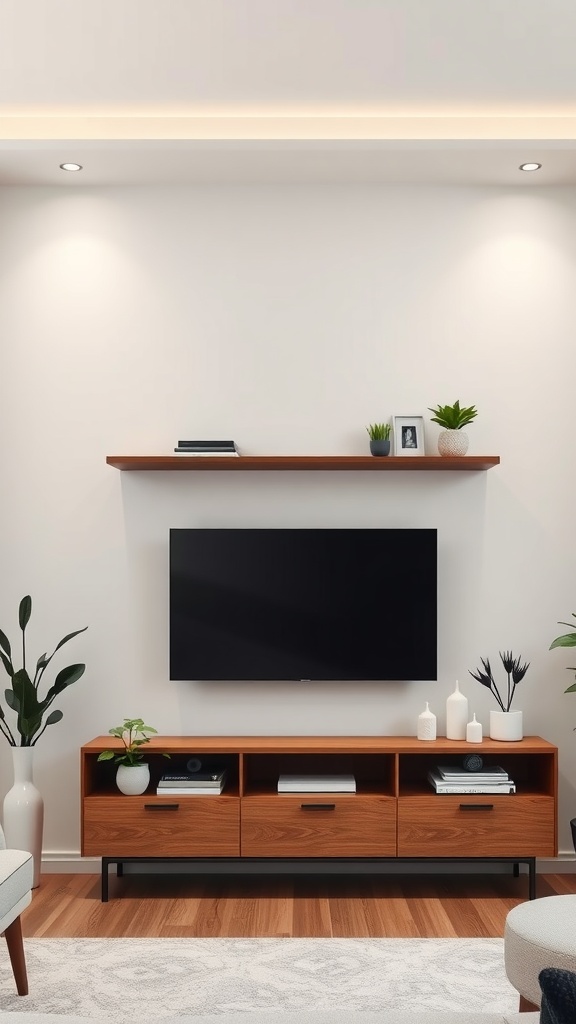 Modern living room featuring a TV on the wall and minimalist floating shelves above with decorative plants and a picture frame.