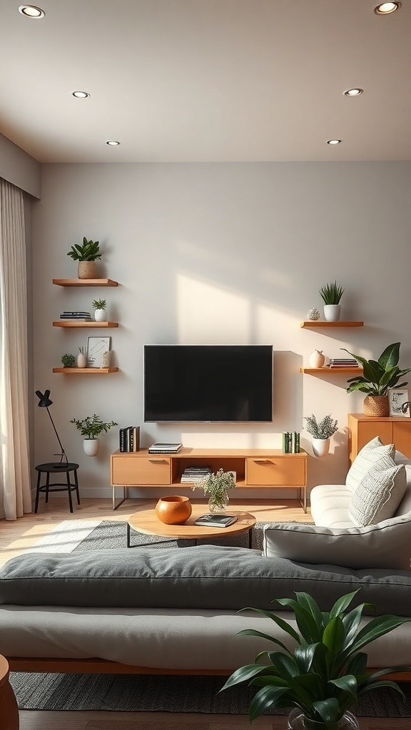 A living room featuring a TV mounted on the wall with minimalist floating shelves displaying plants and books.