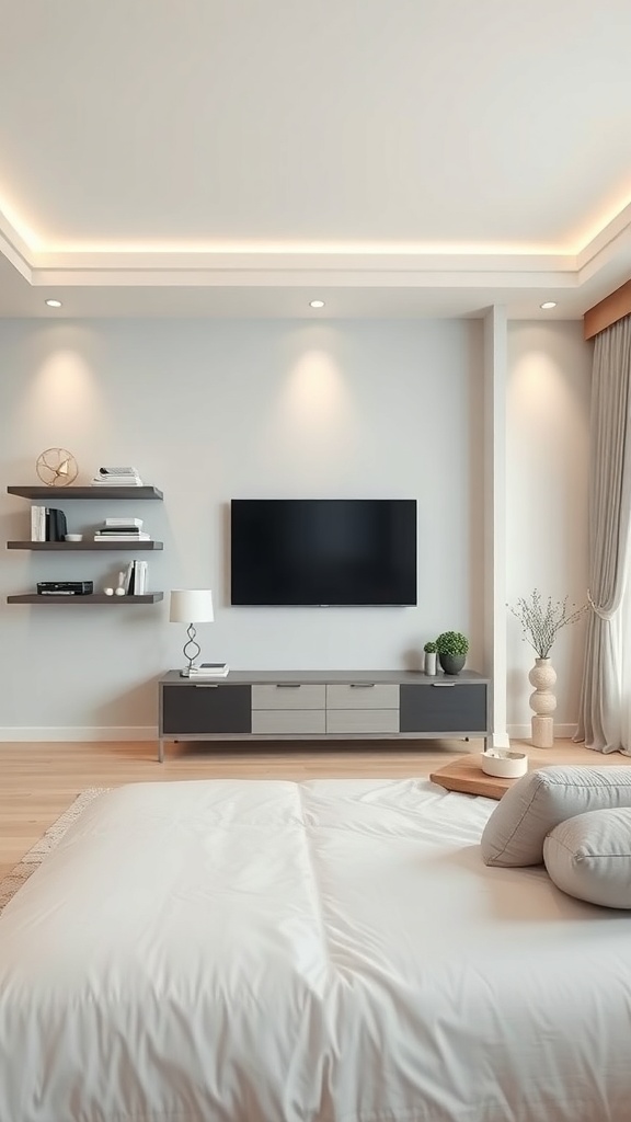 A minimalist living room featuring floating shelves with decorative items and a TV mounted on the wall.