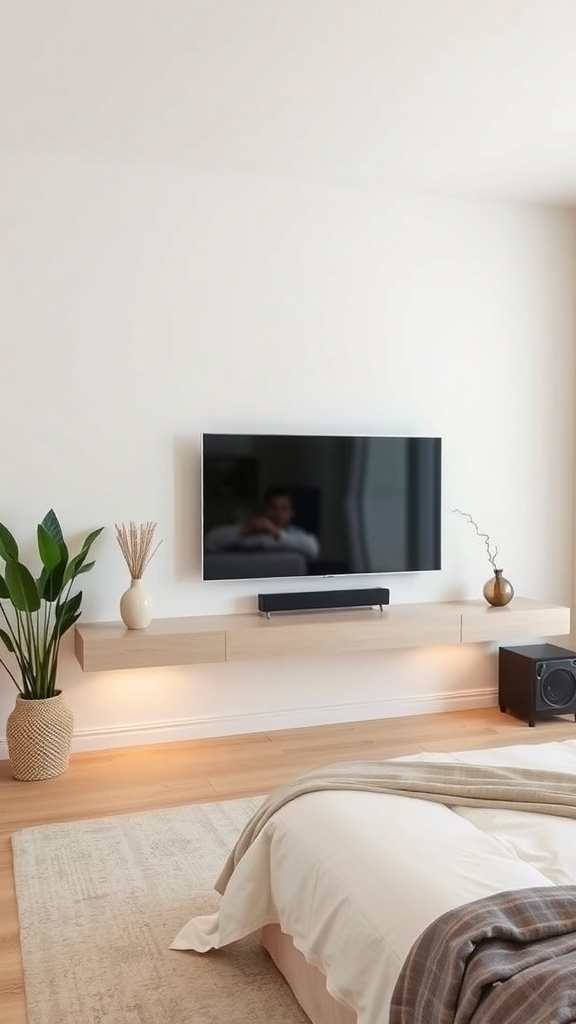 A minimalist floating TV shelf in a bedroom with a TV mounted on the wall, a soundbar, and decorative items.