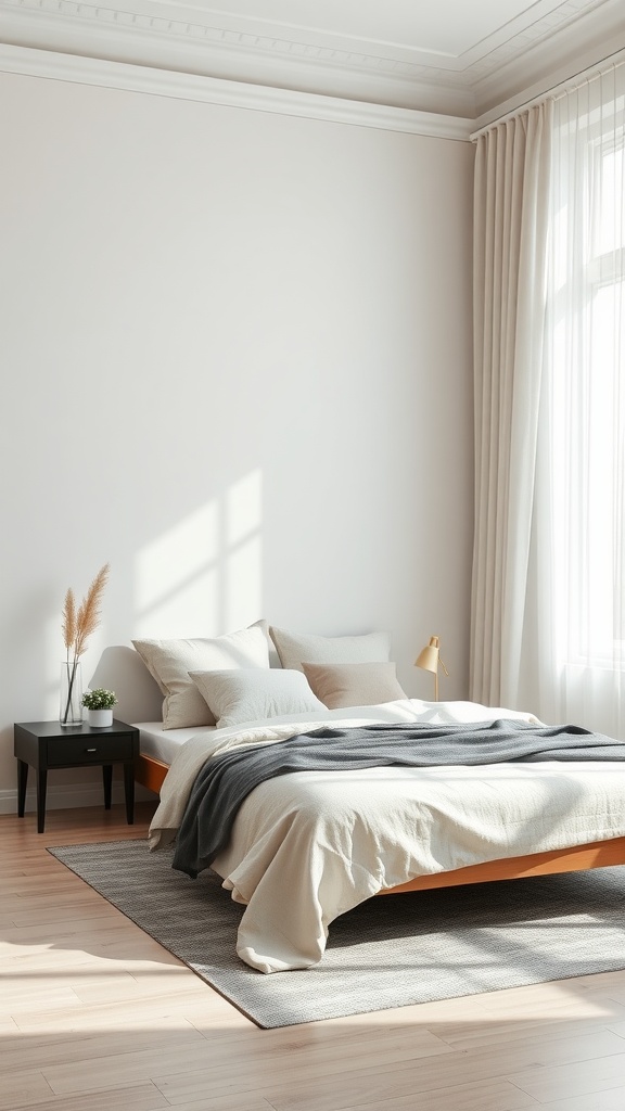 A minimalist bedroom featuring a simple bed arrangement with light colors and natural light.