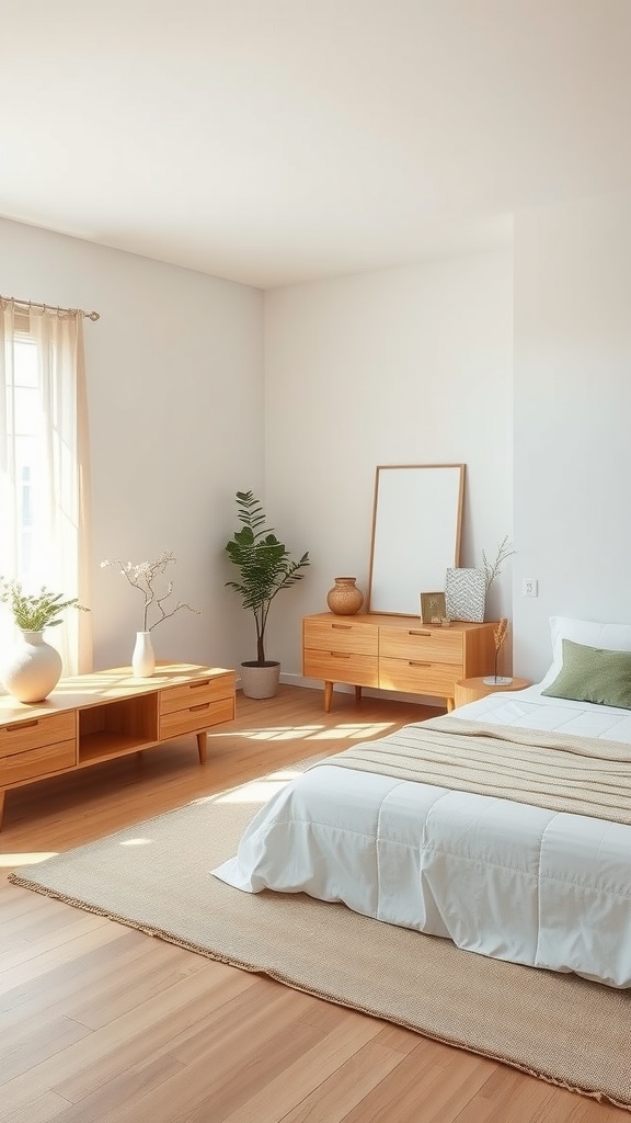 A minimalist bedroom featuring wood furniture, potted plants, and a cozy vibe.
