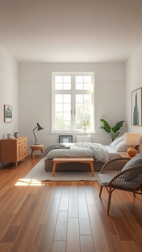 A bright and minimalist bedroom featuring a neatly made bed, wooden furniture, and natural light.