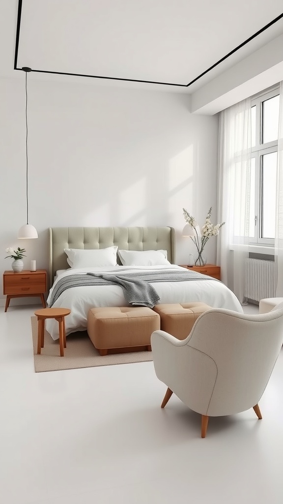 A neutral aesthetic bedroom featuring minimalist furniture, including a tufted bed, wooden nightstands, a cozy chair, and ottomans.