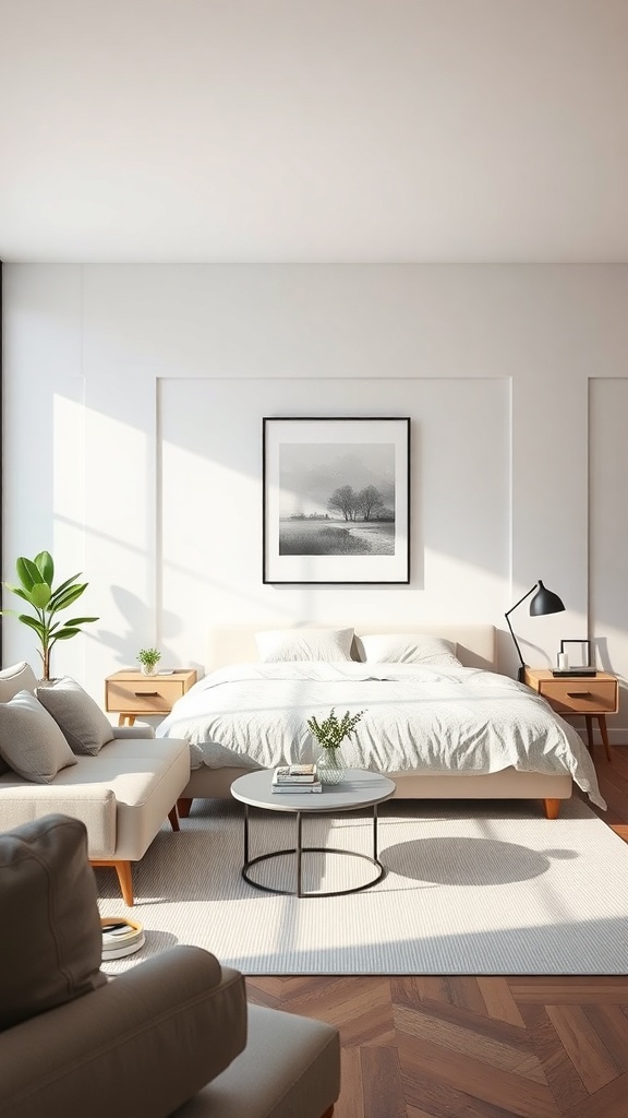 A minimalist living room featuring a bed, coffee table, and plants, showcasing a clean and stylish design.