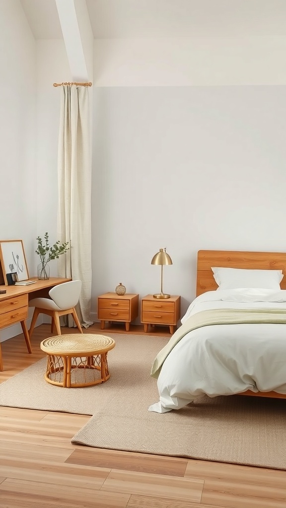 A minimalist Japandi style bedroom featuring wooden furniture, soft bedding, and a cozy atmosphere.