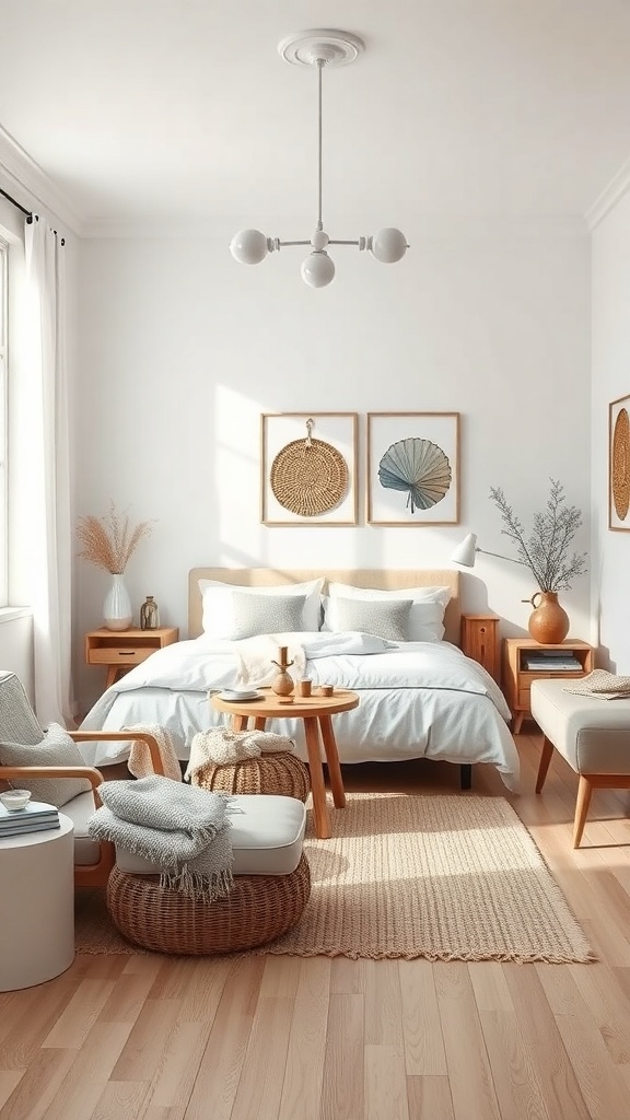 A minimalist Scandinavian boho bedroom featuring a light bed, wooden furniture, and cozy textures.