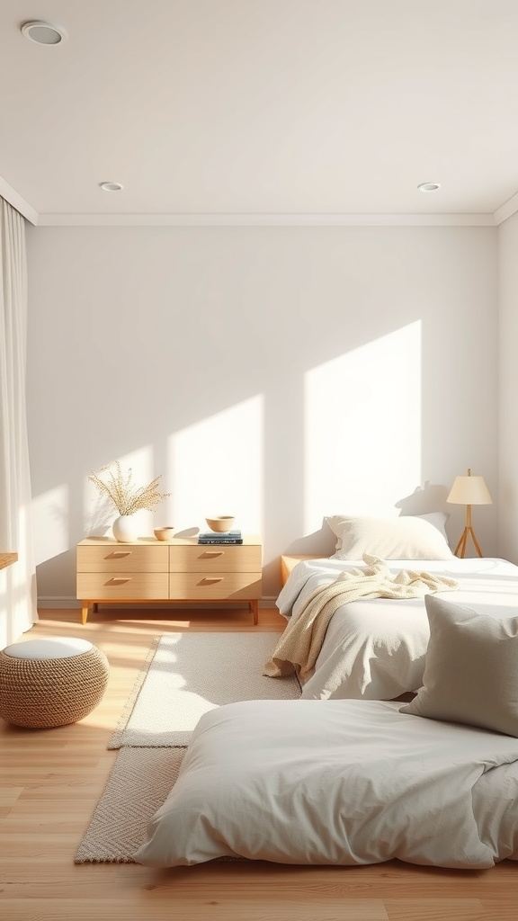 A neutral bedroom featuring minimalist furniture with soft colors and natural elements.