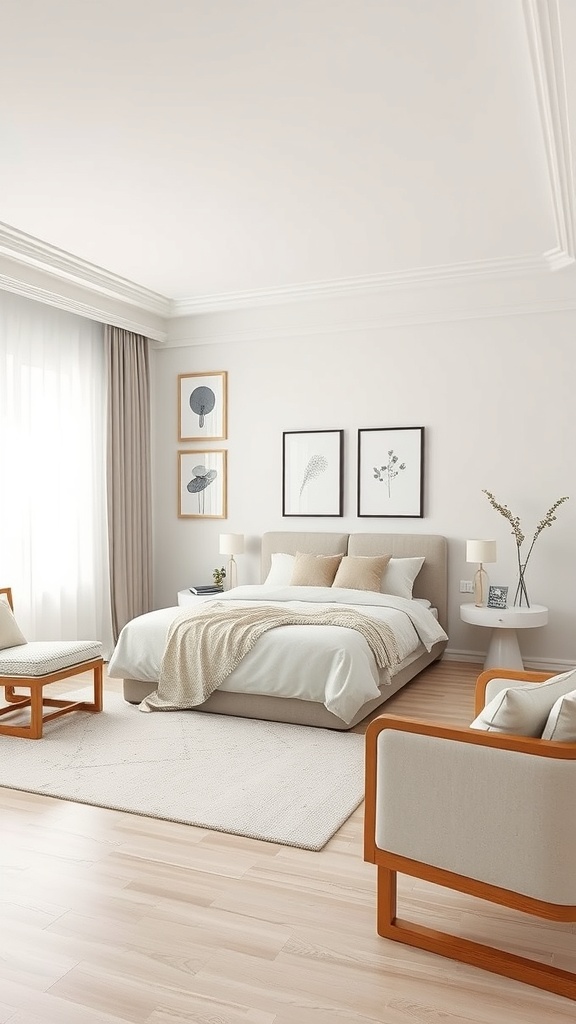 A minimalist zen bedroom featuring a soft bed, light wood furniture, and nature-inspired artwork.
