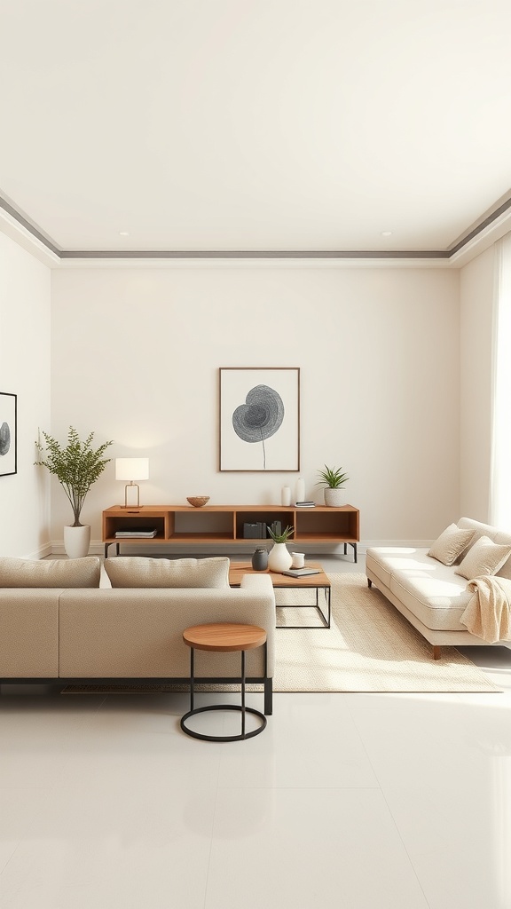 A minimalist beige living room with sleek furniture and a cozy atmosphere.