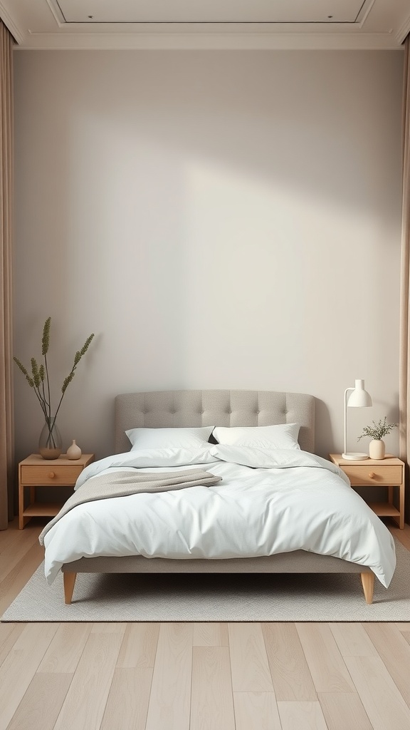 Minimalist greige bedroom with a simple bed, wooden nightstands, and soft bedding.