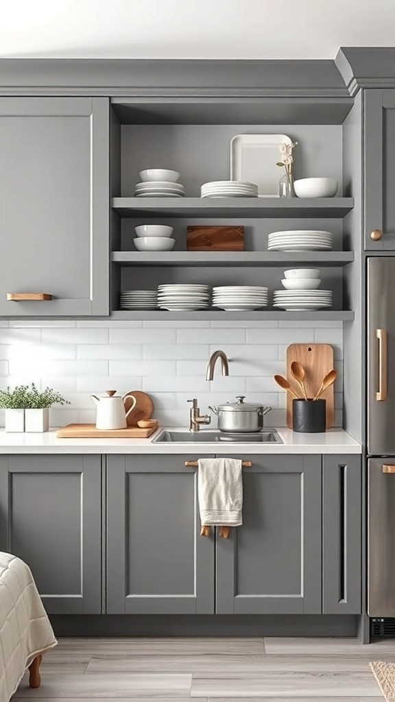 Minimalist grey kitchen with open shelving displaying plates and kitchen utensils.