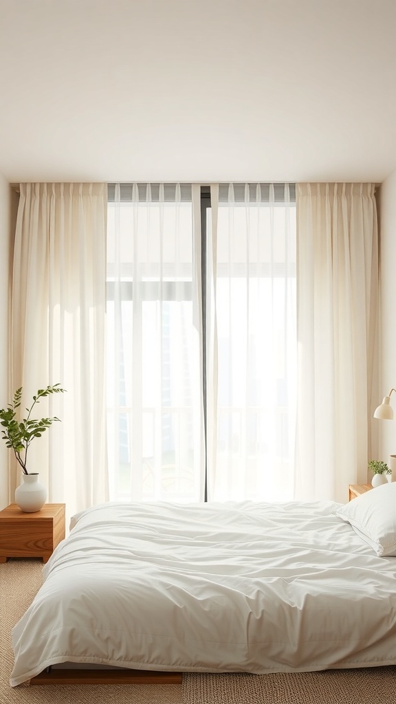 A serene bedroom featuring minimalist Japanese style curtains that allow soft light to filter through.