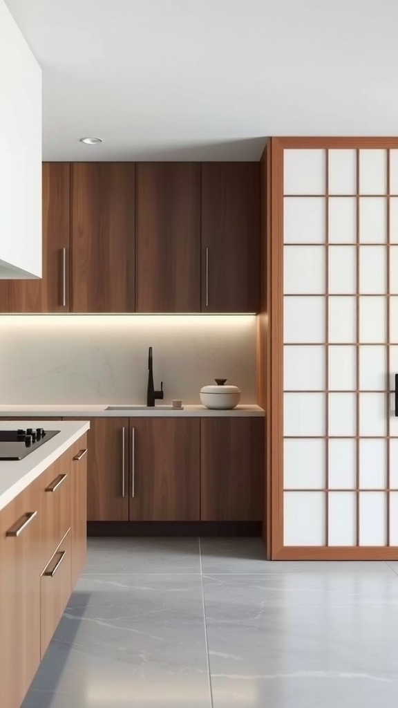 A modern kitchen featuring minimalist Japanese style panels and wooden cabinets