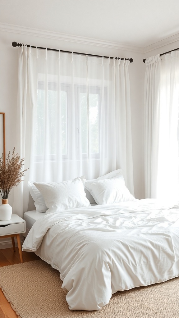 A bright bedroom featuring minimalist linen curtains, a cozy bed with white bedding, and a simple nightstand.