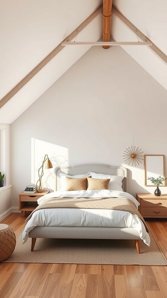 A minimalist loft bedroom featuring clean lines, a cozy bed, wooden beams, and natural light.