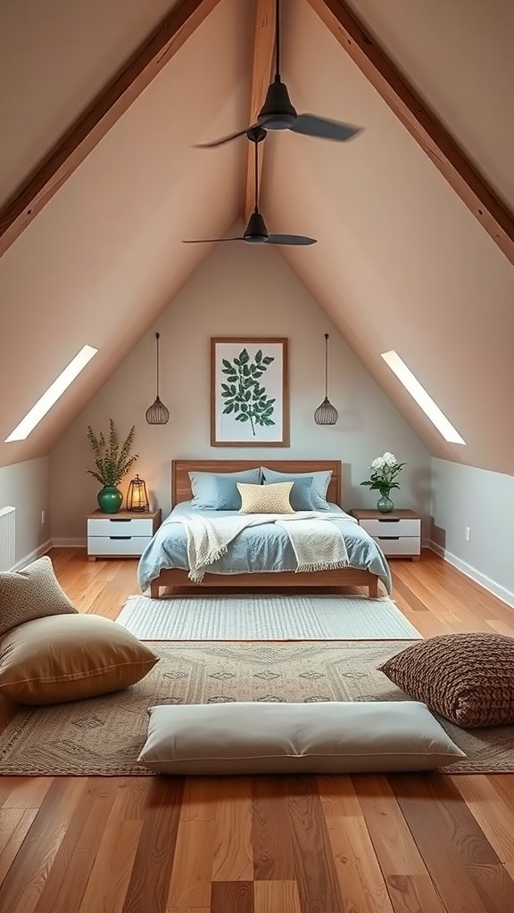 A minimalist attic room designed as a meditation space featuring a bed, decorative plants, and soft lighting.