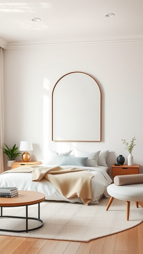 A modern living room featuring a large arched mirror above a bed, with warm tones and minimalist decor.