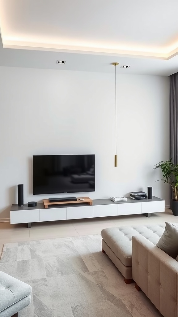A modern minimalist living room featuring a sleek wall unit with a television and light-colored furniture.