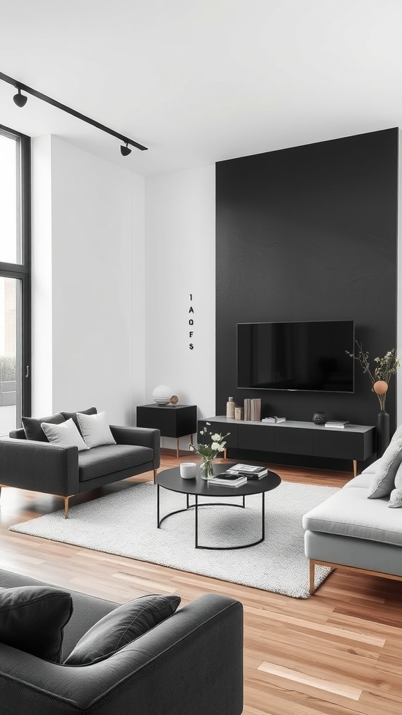 Modern minimalist living room with a black accent wall and elegant monochrome furniture.