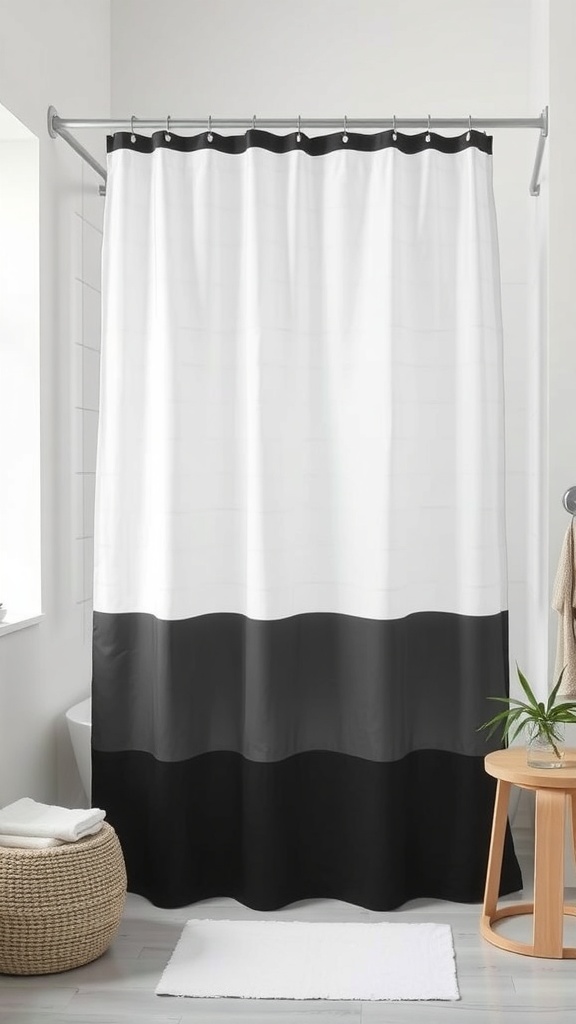 A minimalist shower curtain with a white top and black bottom, hanging in a modern bathroom.