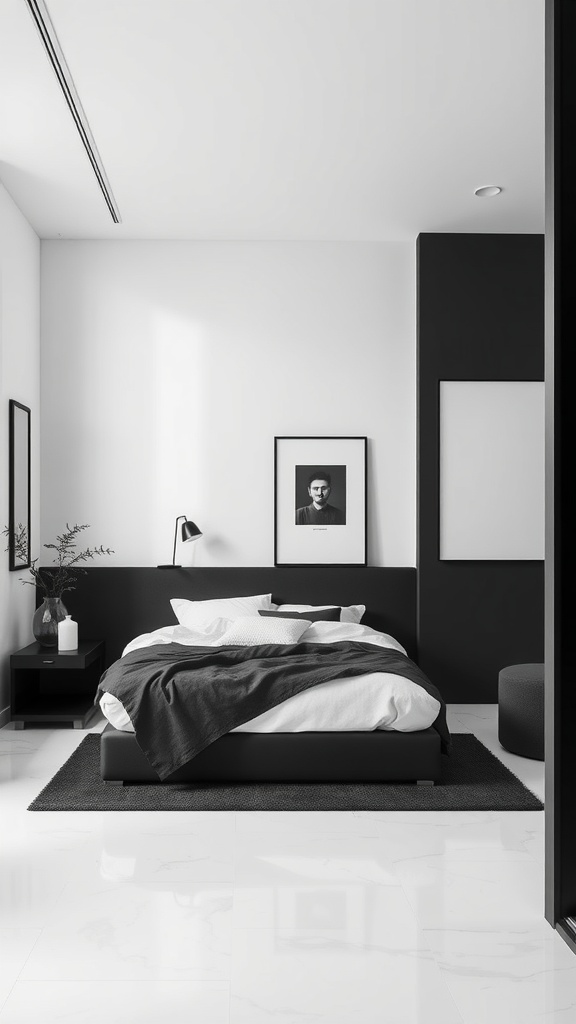 Minimalist monochrome bedroom design featuring black and white elements