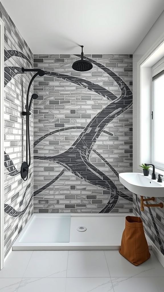 A minimalist monochrome tile shower featuring gray brick-like tiles, black fixtures, and a modern design.