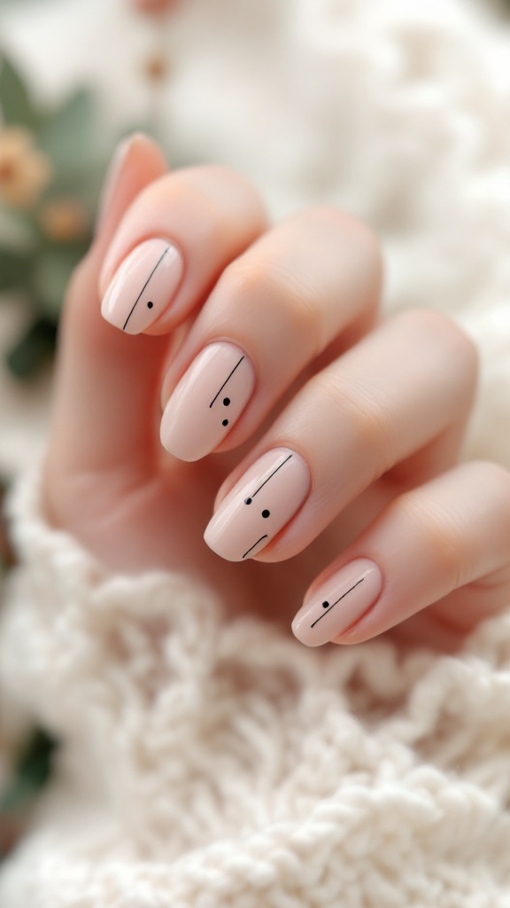Close-up of minimalist nail art with a nude base and black lines and dots.