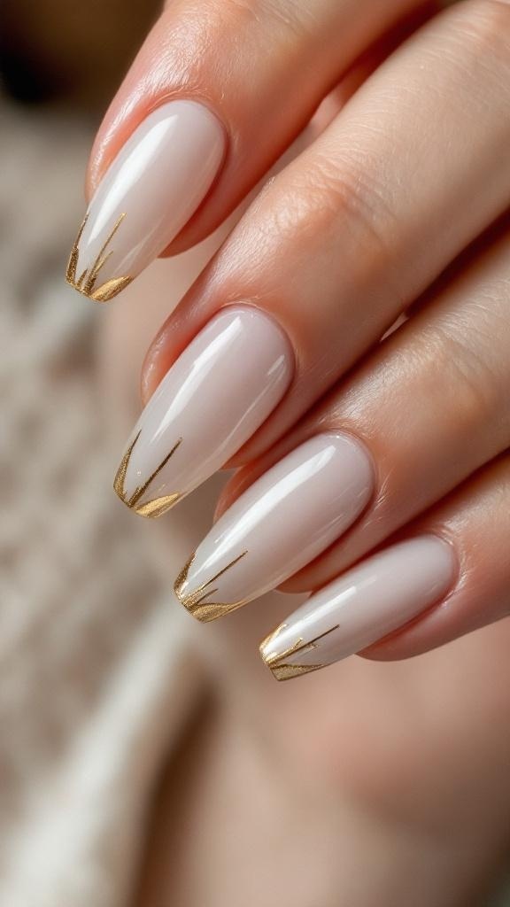 Close-up of a woman's hand showcasing minimalist nude nails with gold foil accents, adorned with stylish rings against a neutral background.